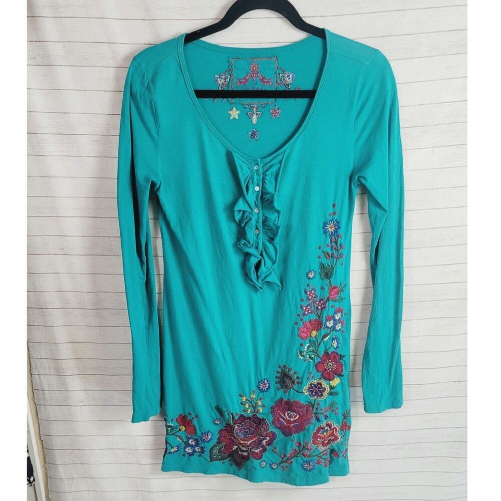 Johnny Was LA Embroidered Ruffle Button Front Teal Long Sleeve Blouse, sz Med - Picture 15 of 15
